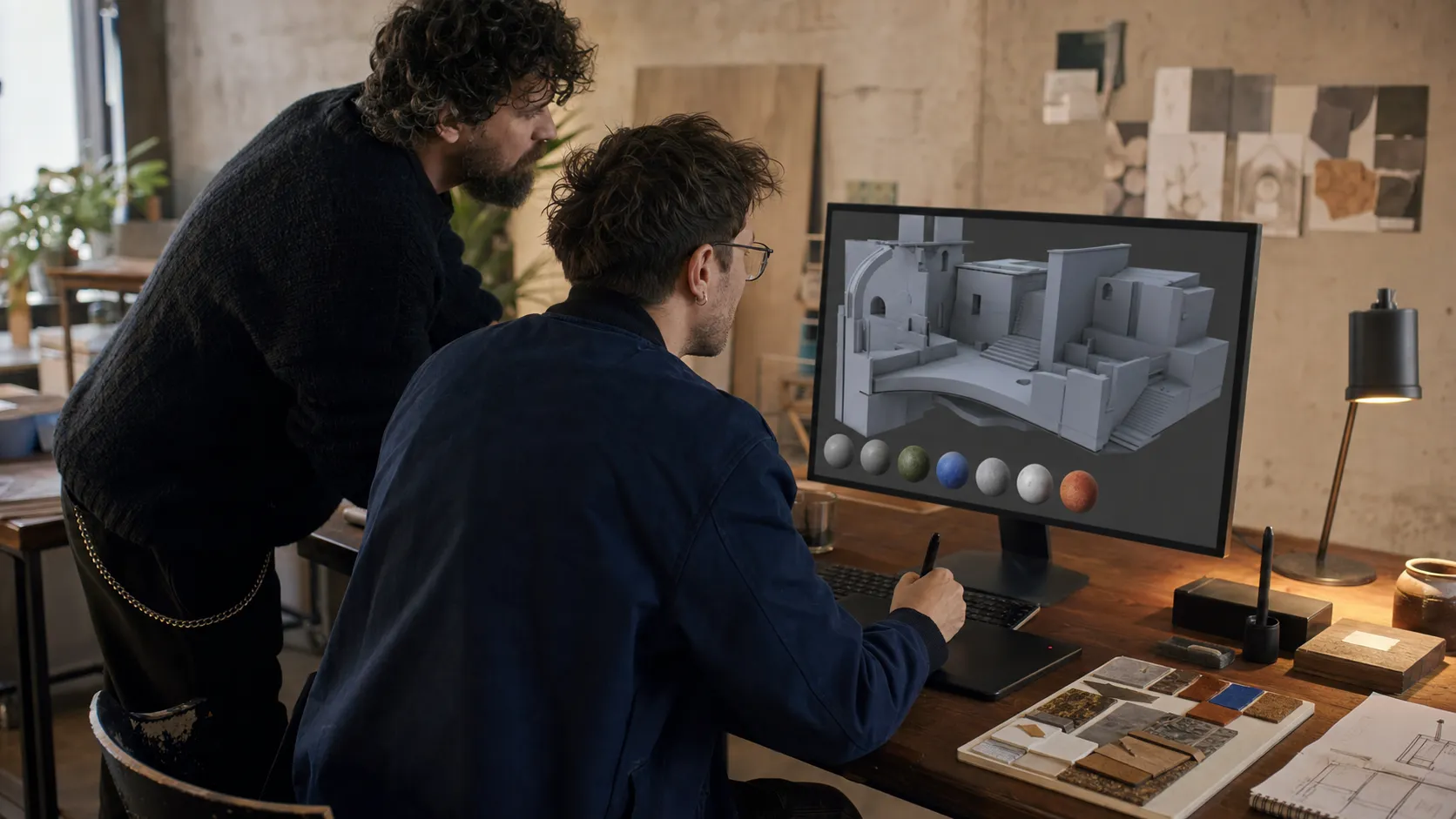 Illustrative art pipeline review with a game artist and technical artist checking an environment asset