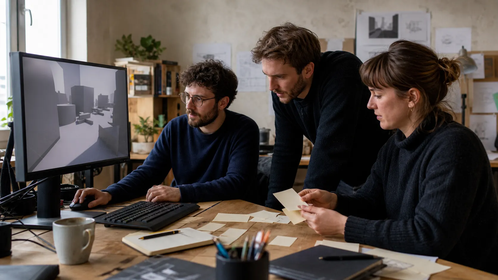 Illustrative production review with three game developers gathered around a playable greybox build