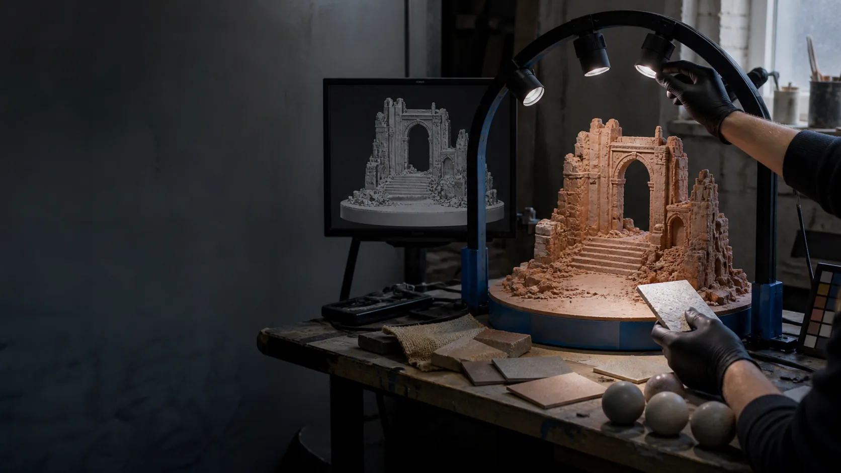 Technical art workstation with a clay maquette, material samples and a 3D asset lighting setup.