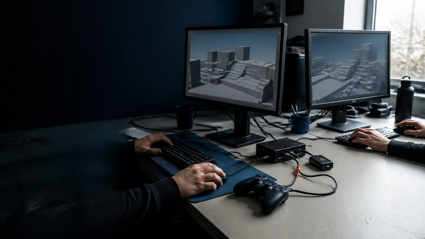 Two collaborators integrating a shared greybox game build across connected development workstations.