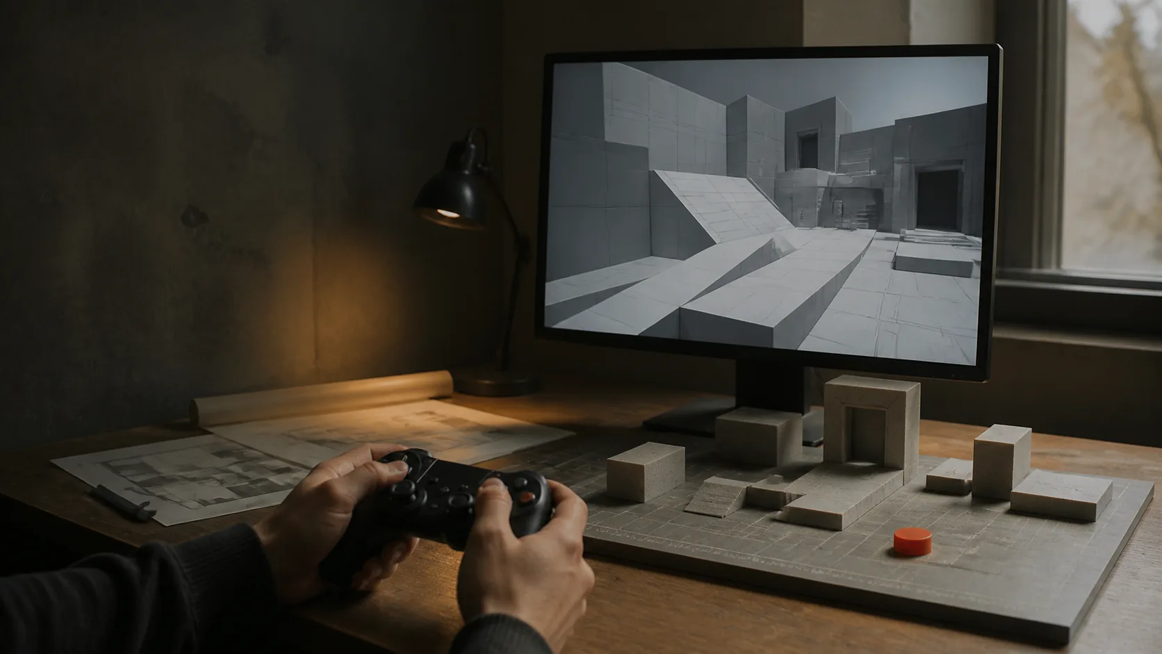 Controller-led playtest of a greybox game prototype beside physical level-design blocks.