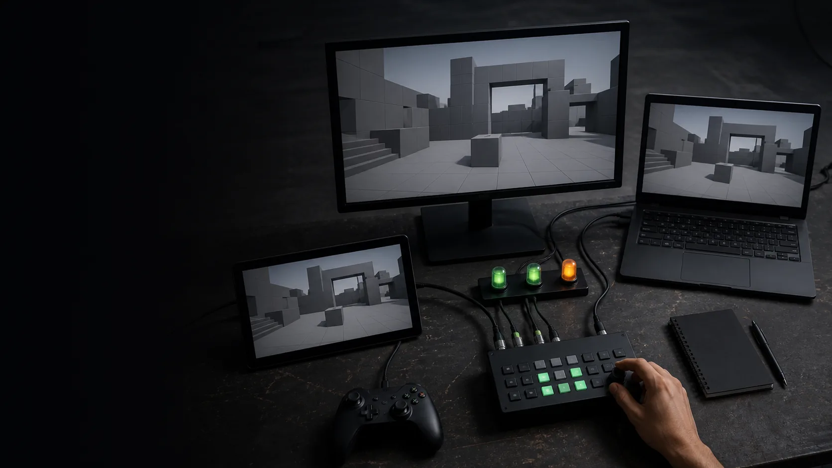 Game QA device lab comparing the same test build across unbranded displays.