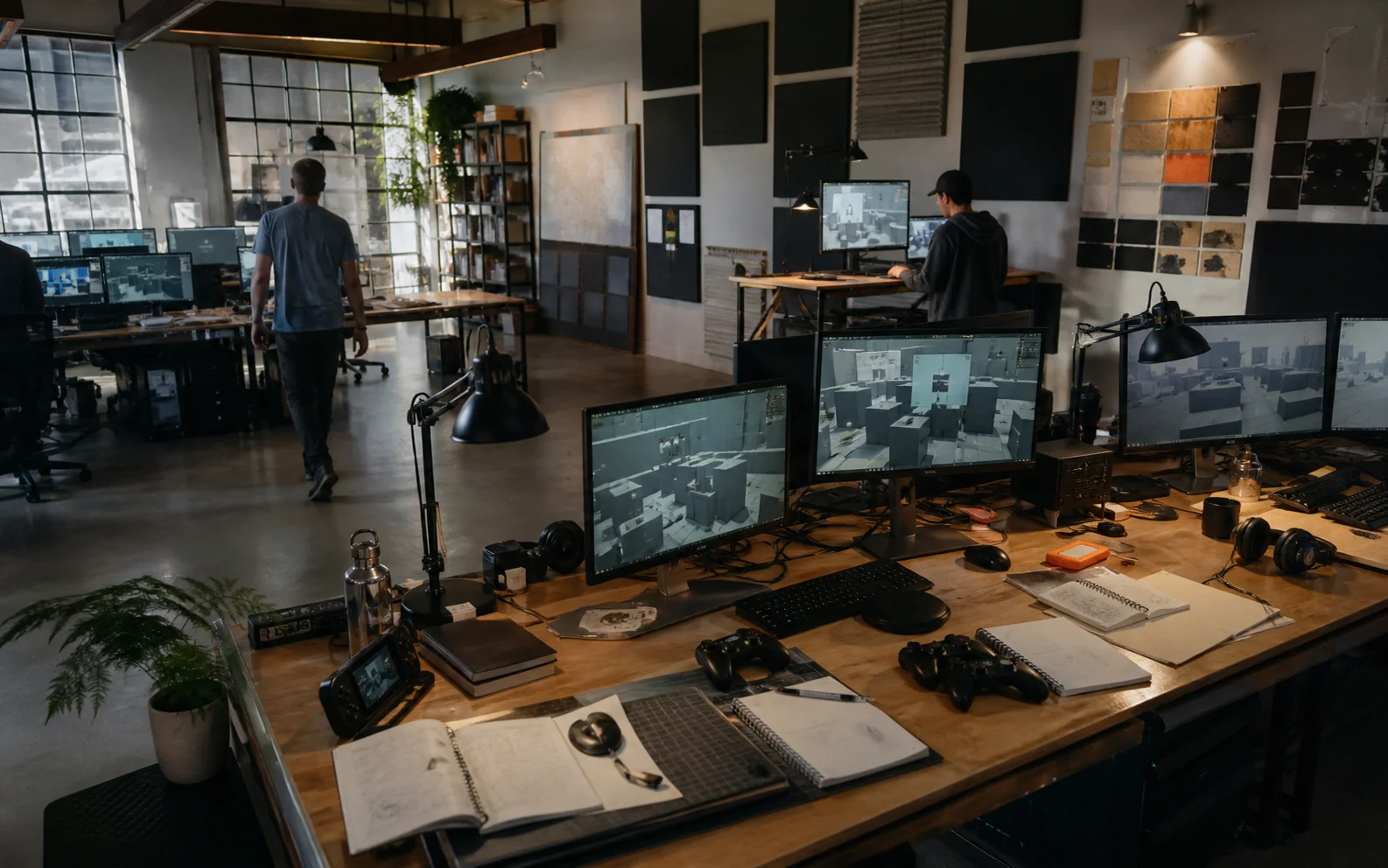 Illustrative game development workspace with greybox builds on several monitors