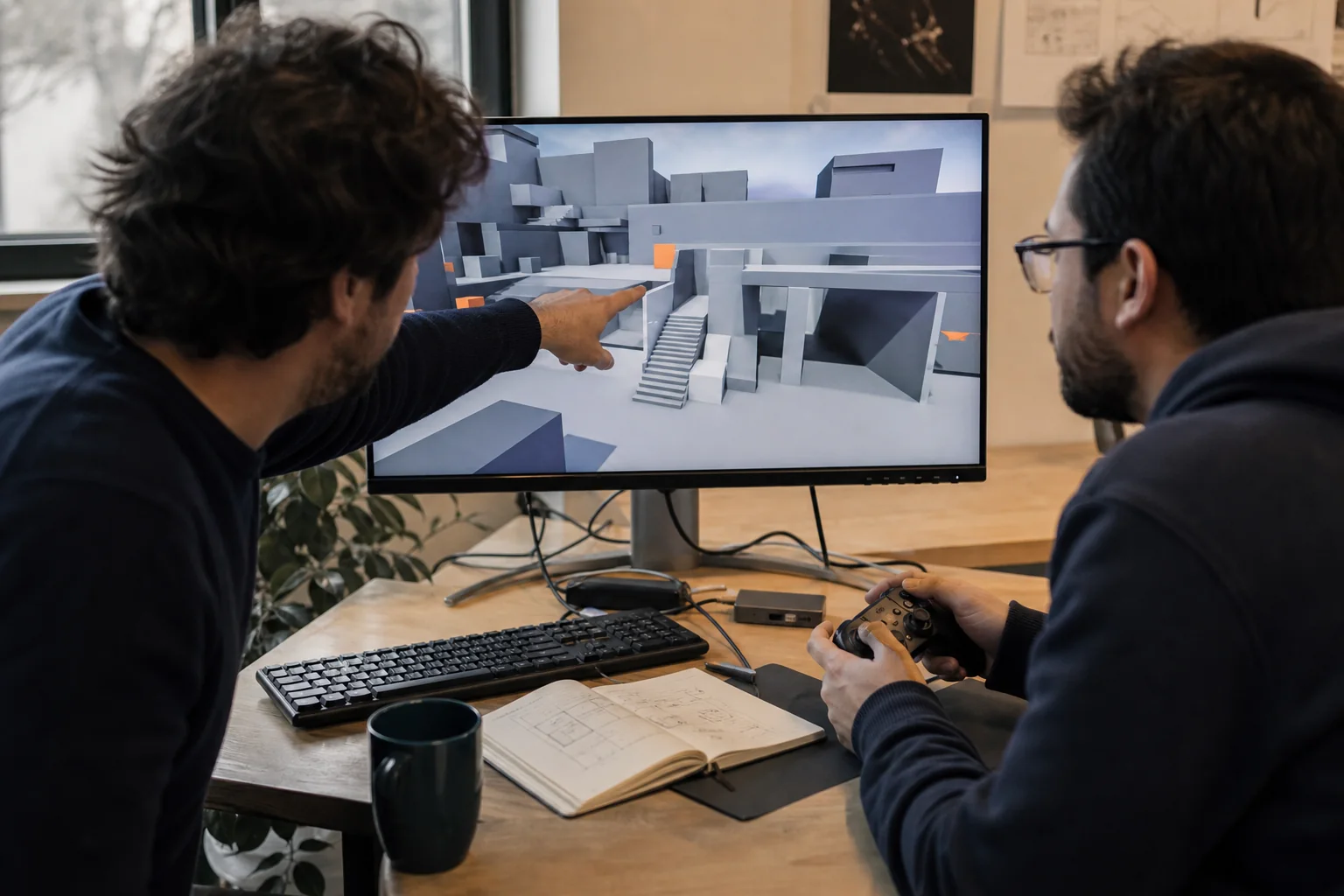 Illustrative production review with two game developers inspecting a greybox build