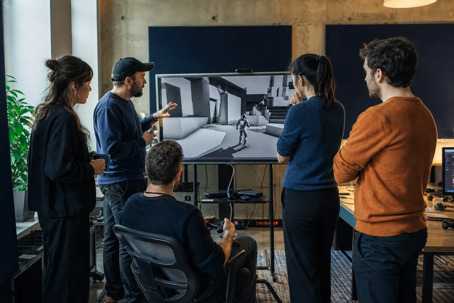 Illustrative scene of a multidisciplinary game development team reviewing a playable build