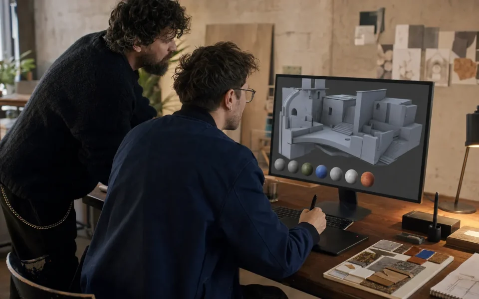 Game art outsourcing review with an artist and technical artist checking a 3D environment asset