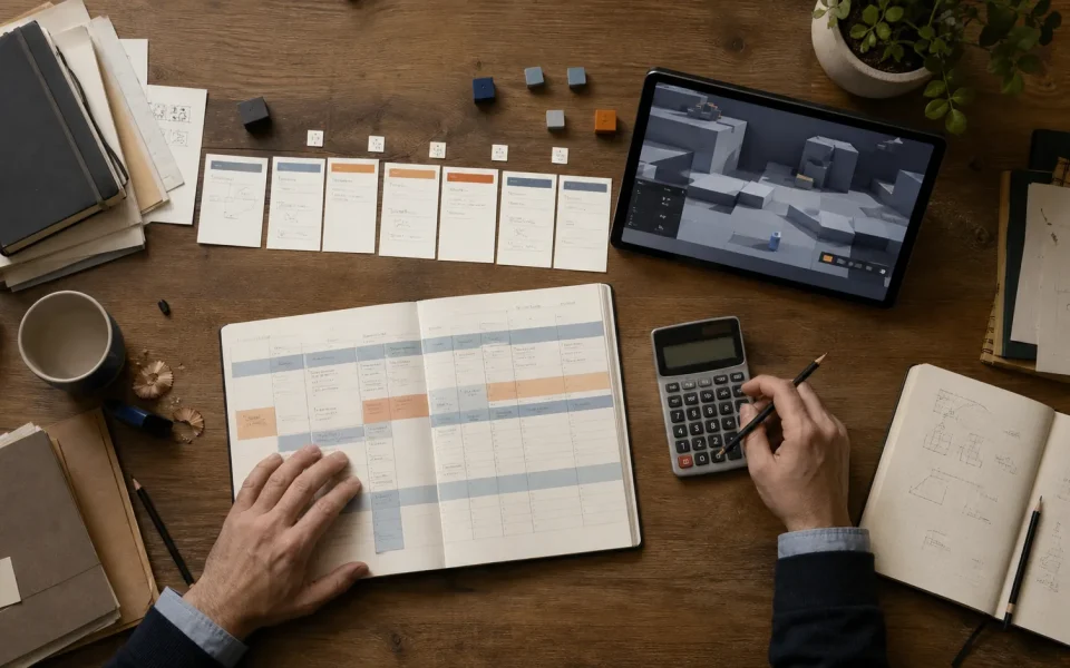 Game development budget template workspace with a production plan, calculator and greybox build
