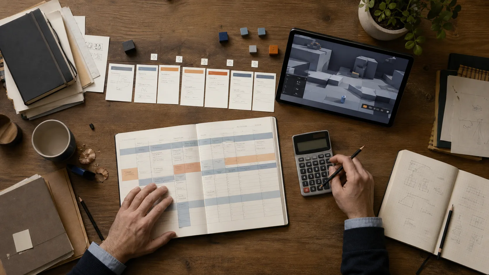 Game development budget template workspace with a production plan, calculator and greybox build