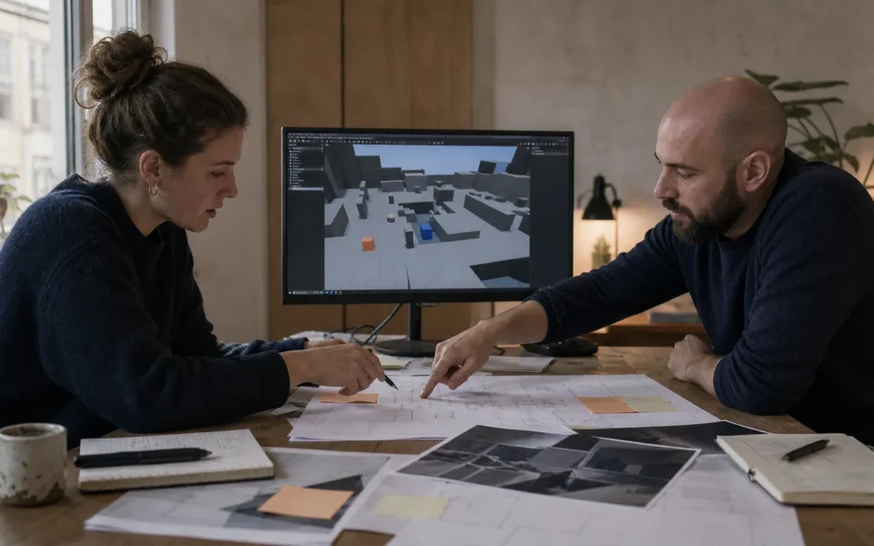 Game development outsourcing planning session with a producer and technical lead reviewing a greybox build