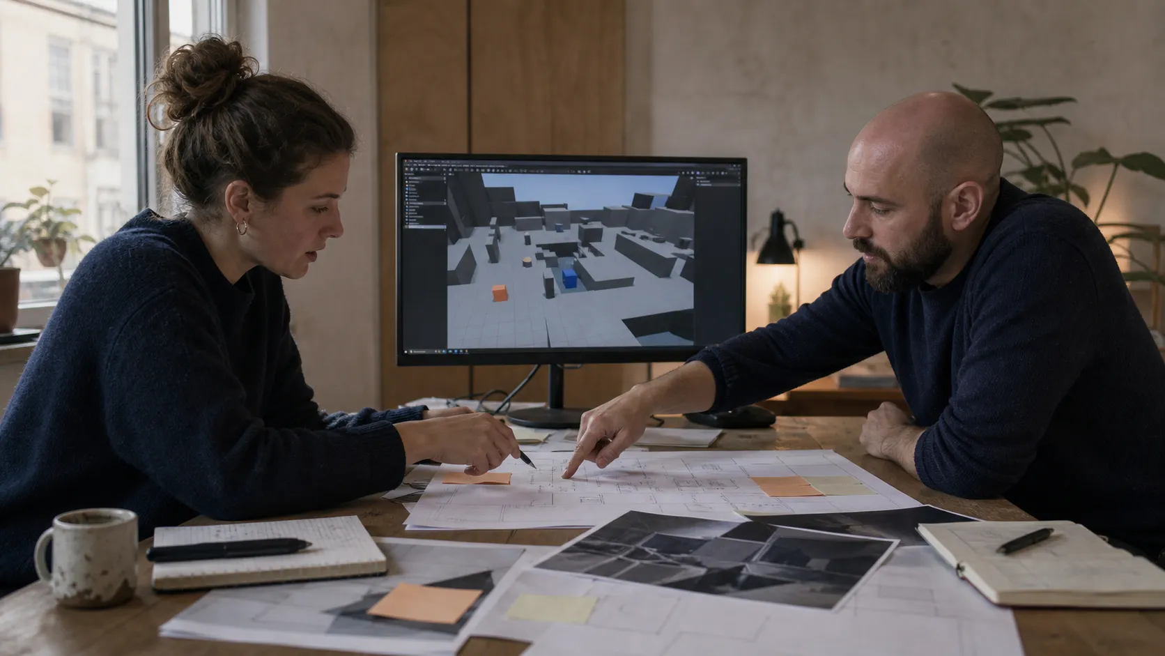 Game development outsourcing planning session with a producer and technical lead reviewing a greybox build