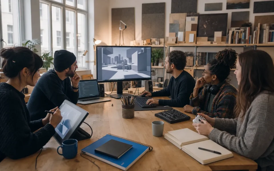 Game development team structure represented by five specialists reviewing the same playable build
