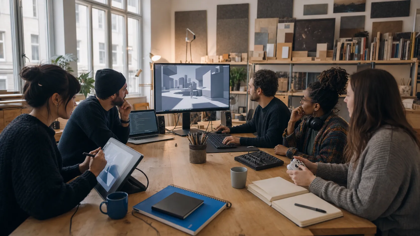 Game development team structure represented by five specialists reviewing the same playable build