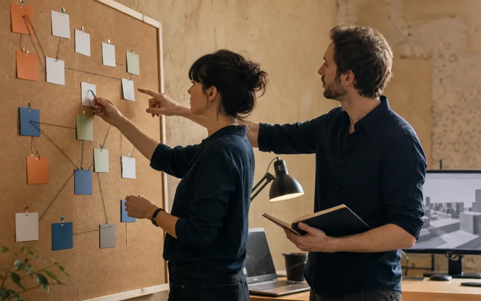 Game development timeline planning with two leads mapping milestones and dependencies on a board