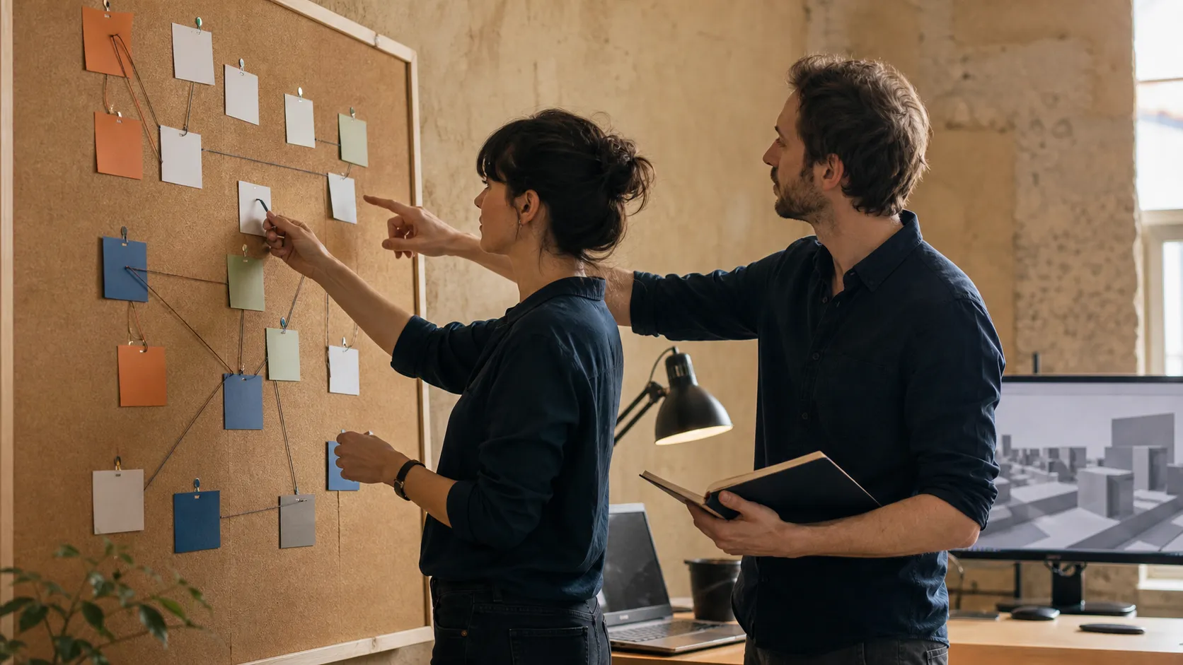 Game development timeline planning with two leads mapping milestones and dependencies on a board