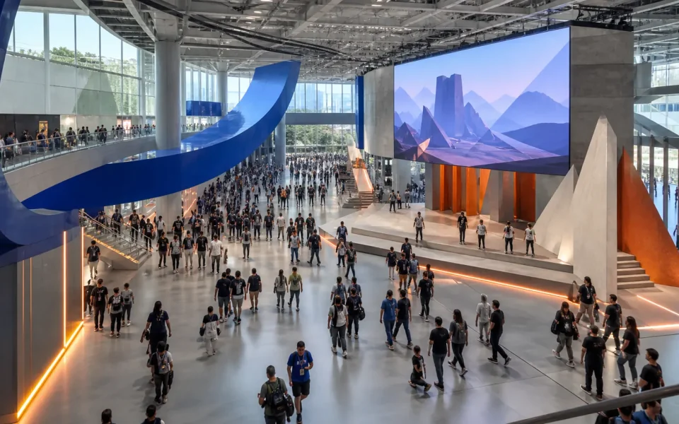 Bright fictional game expo hall illustrating Gamescom 2026 announcements and confirmed reveals