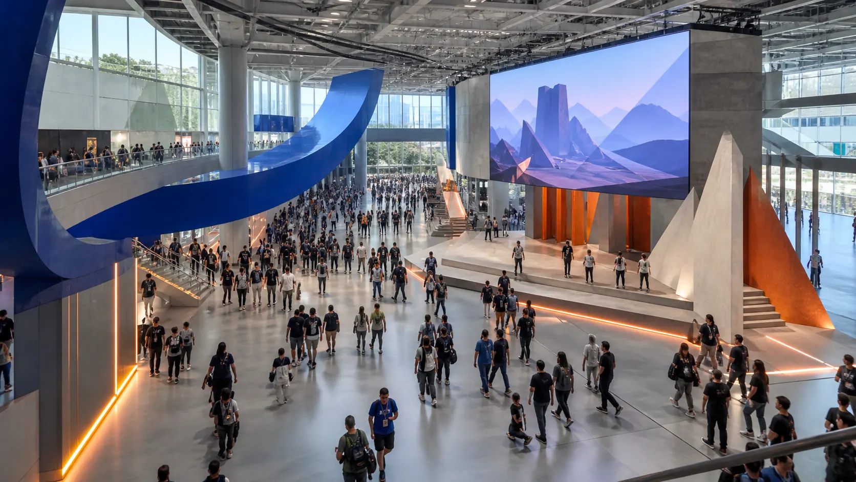 Bright fictional game expo hall illustrating Gamescom 2026 announcements and confirmed reveals