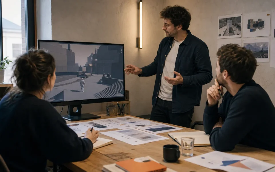 How to pitch a game to a publisher illustrated by a small team rehearsing with a playable build