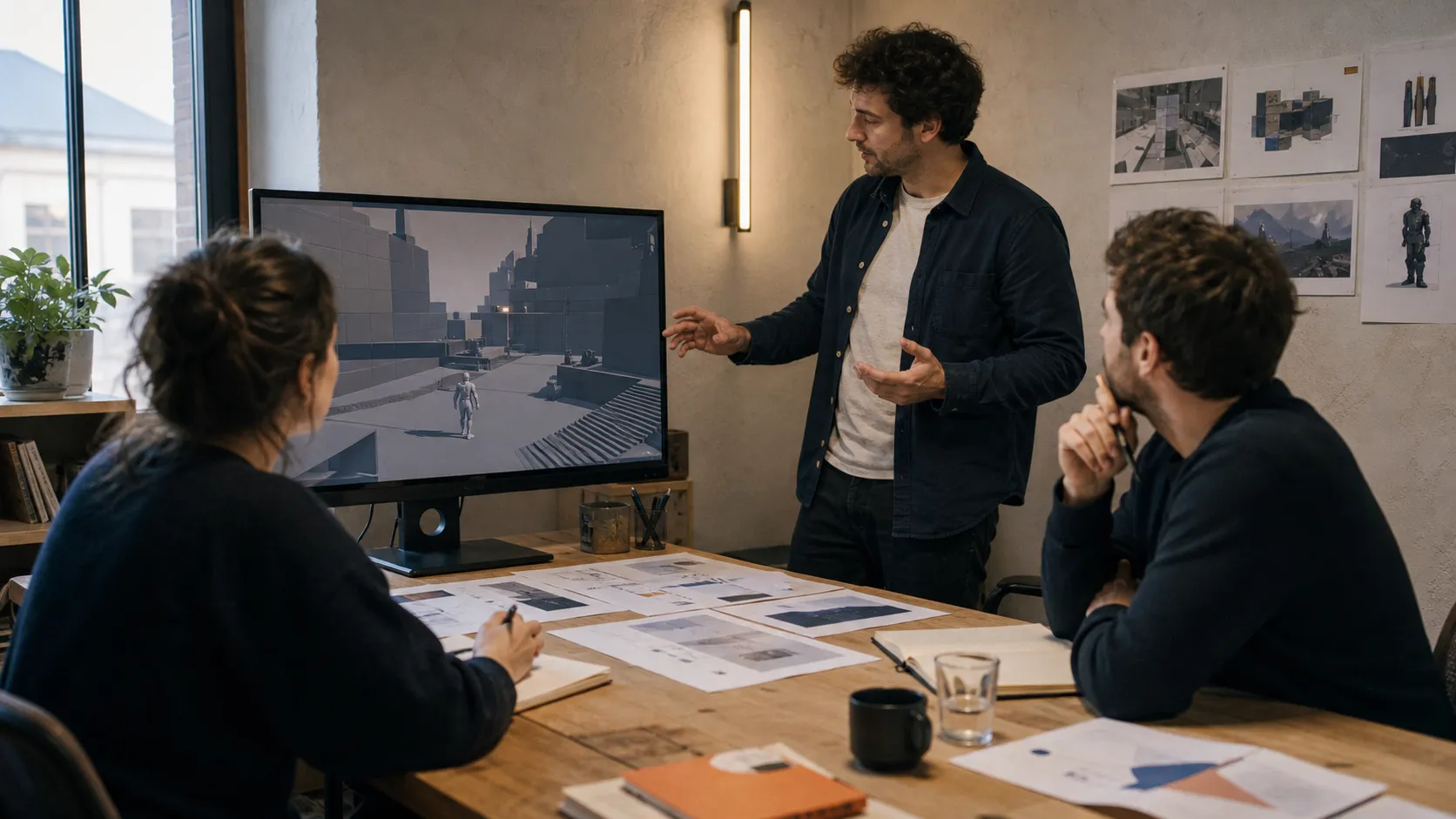 How to pitch a game to a publisher illustrated by a small team rehearsing with a playable build