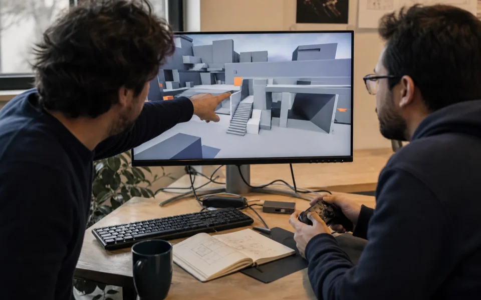Developers comparing prototype and vertical slice evidence in a playable build