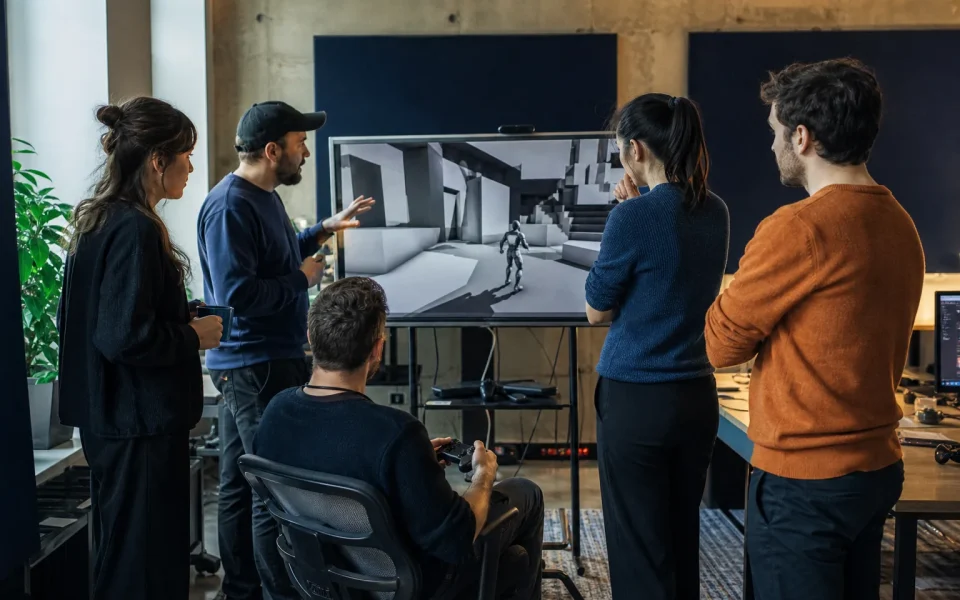 Game co-development team reviewing a shared playable build and production notes