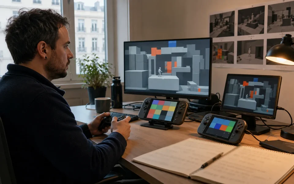 Types of game testing represented by a QA specialist checking a greybox build across several devices
