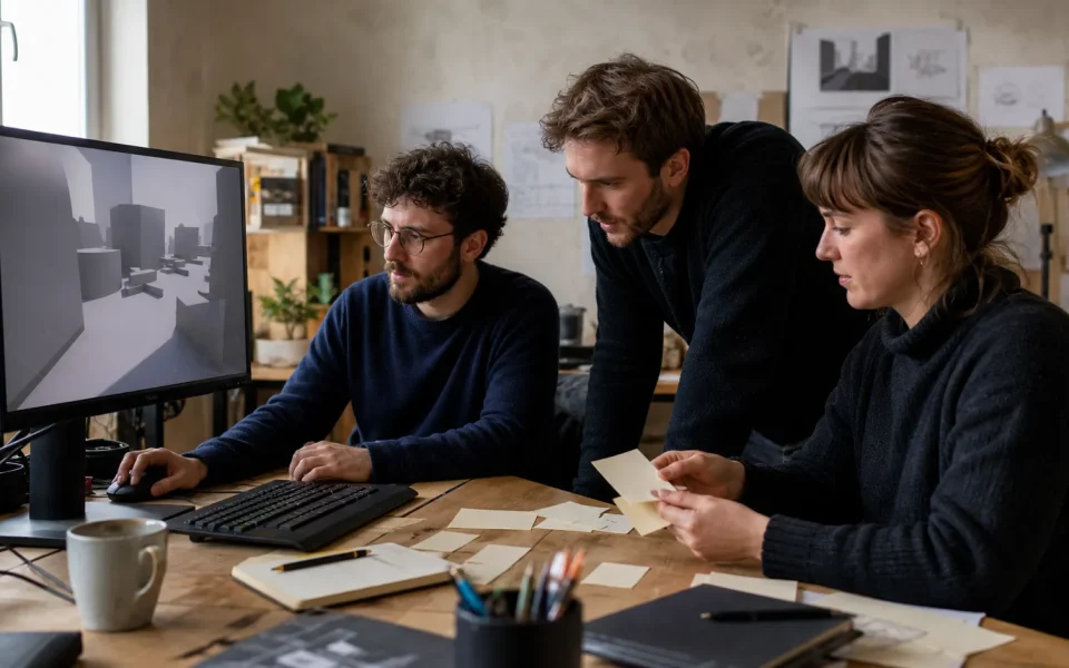 Video game development process review with three team members examining a playable greybox build