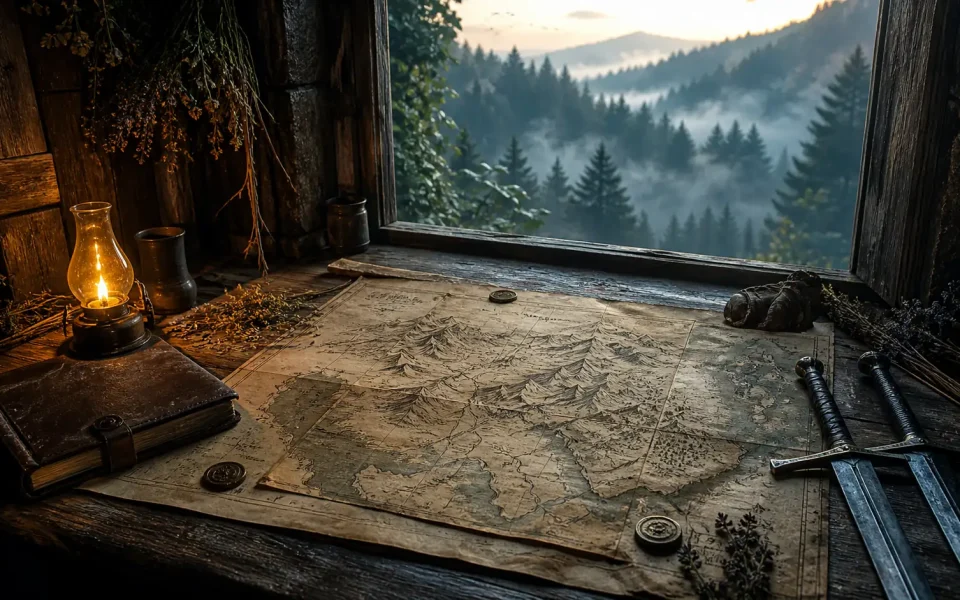 Fantasy map and twin swords illustrating The Witcher 3 Songs of the Past confirmed details