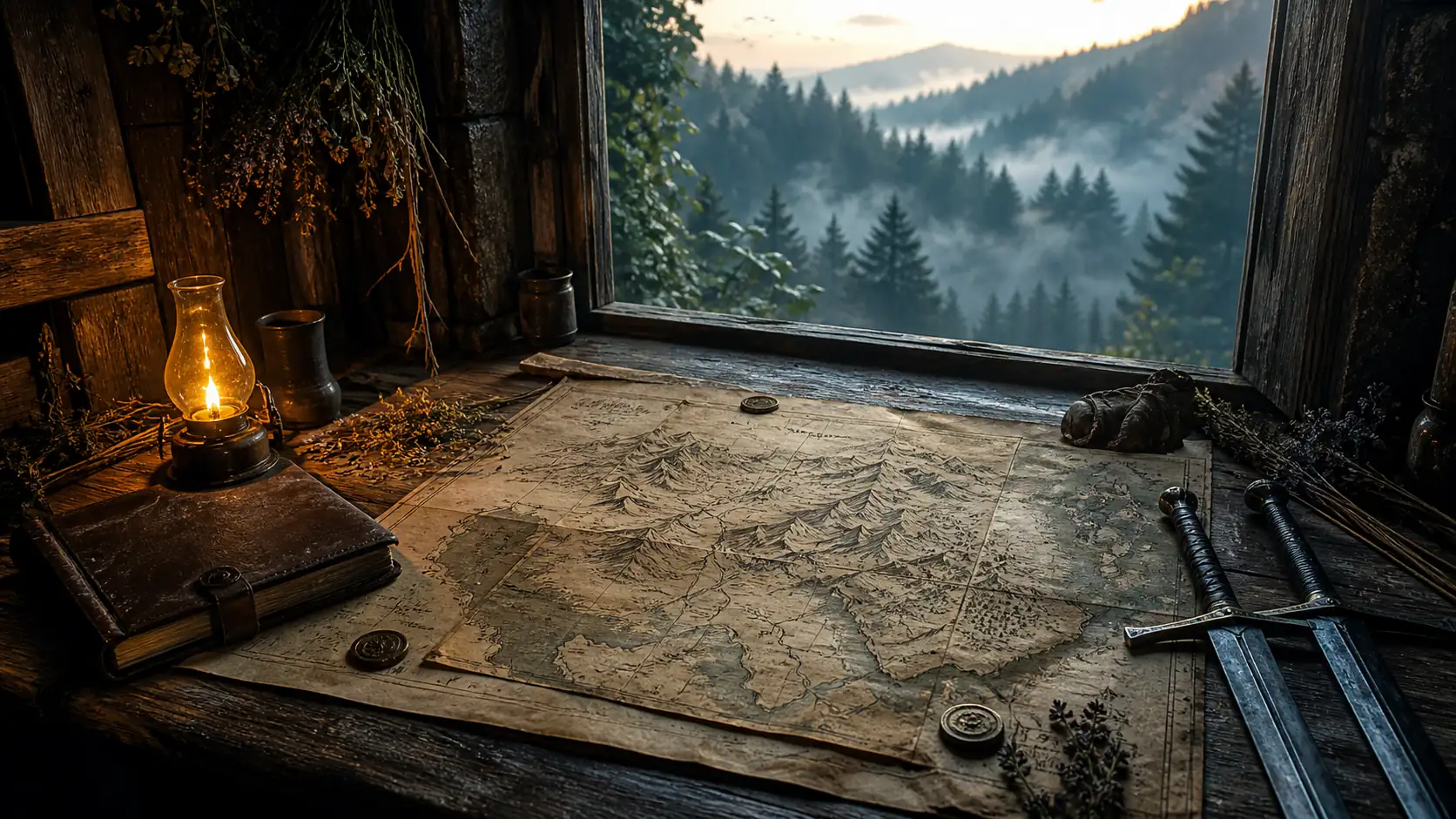Fantasy map and twin swords illustrating The Witcher 3 Songs of the Past confirmed details