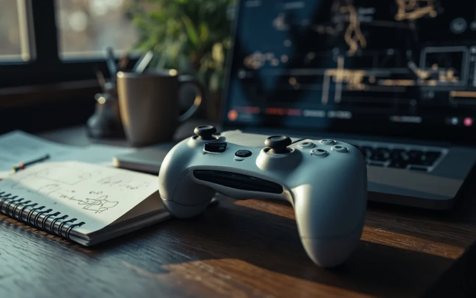 PS5 controller on a developer's desk next to a debug build