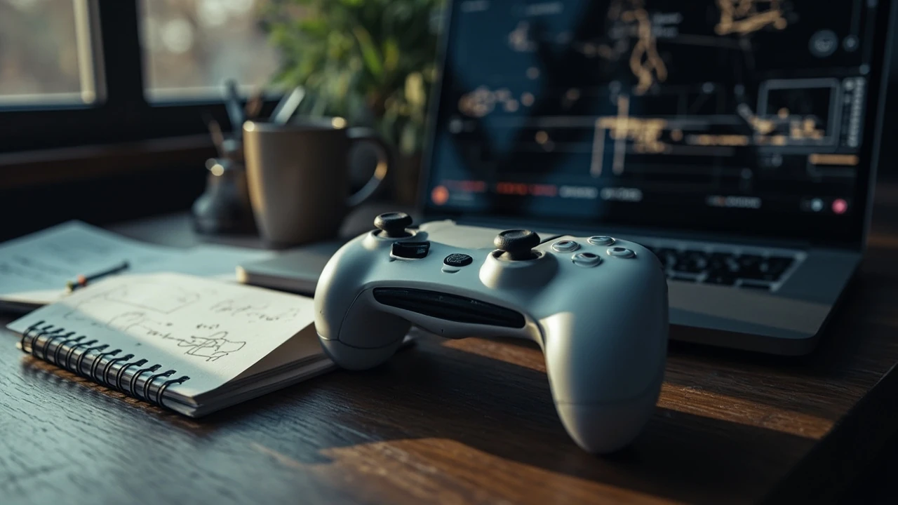 PS5 controller on a developer's desk next to a debug build