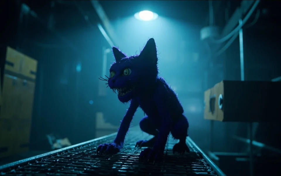 CatNap from Poppy Playtime in a dark toy factory scene