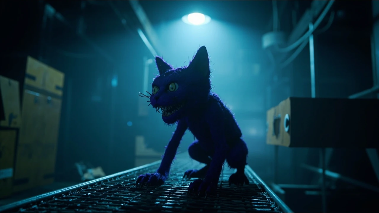 CatNap from Poppy Playtime in a dark toy factory scene
