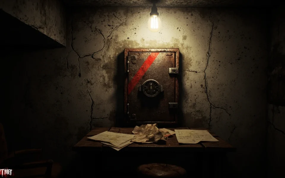 Concept art of a rusted survival horror safe and a worn code dial