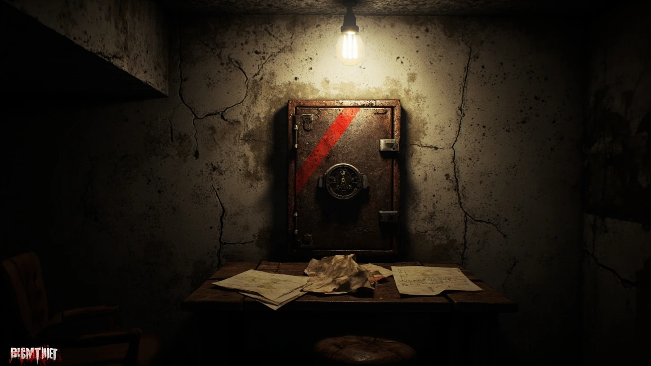 Concept art of a rusted survival horror safe and a worn code dial