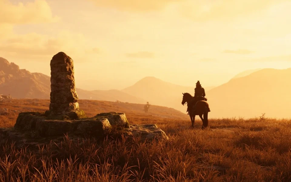 A mounted rider at a fast travel point in a dusty open world illustrating crimson desert fast travel