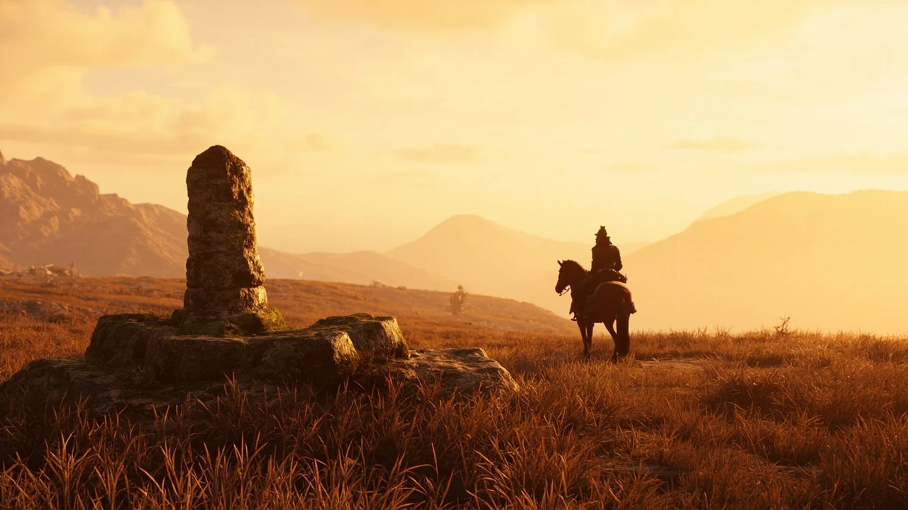 A mounted rider at a fast travel point in a dusty open world illustrating crimson desert fast travel