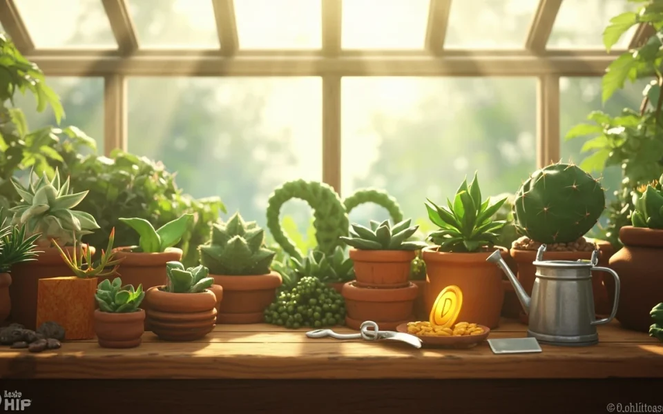A Grow a Garden greenhouse with several prickly plants in pots