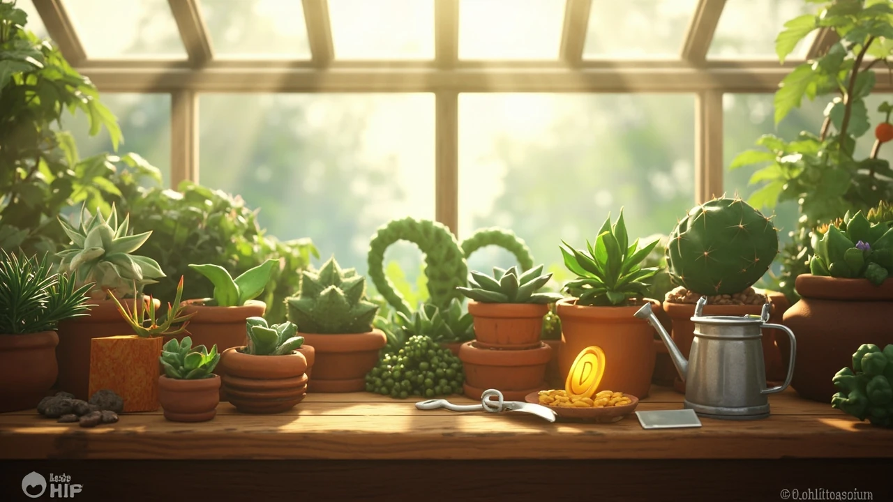 A Grow a Garden greenhouse with several prickly plants in pots