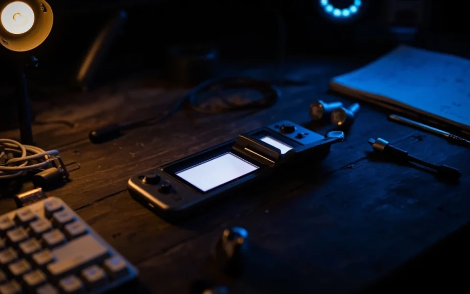 Ayn Thor clamshell handheld in a developer workspace
