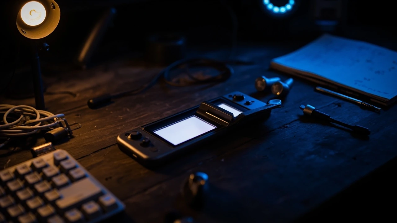 Ayn Thor clamshell handheld in a developer workspace
