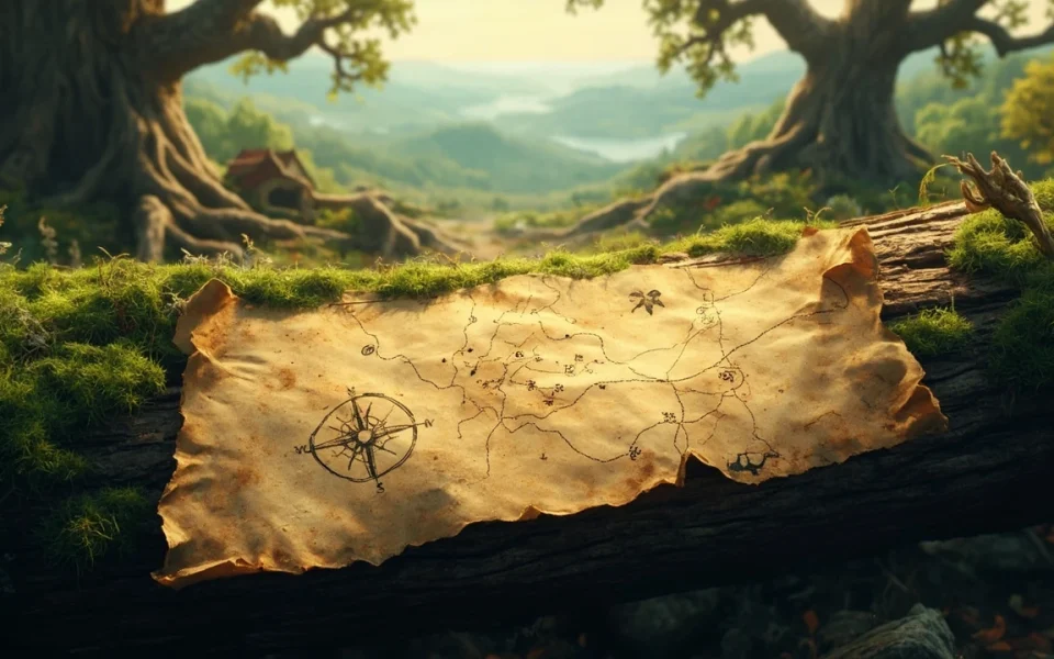 Rowland Oakes map scattered across a forest campsite with quest markers