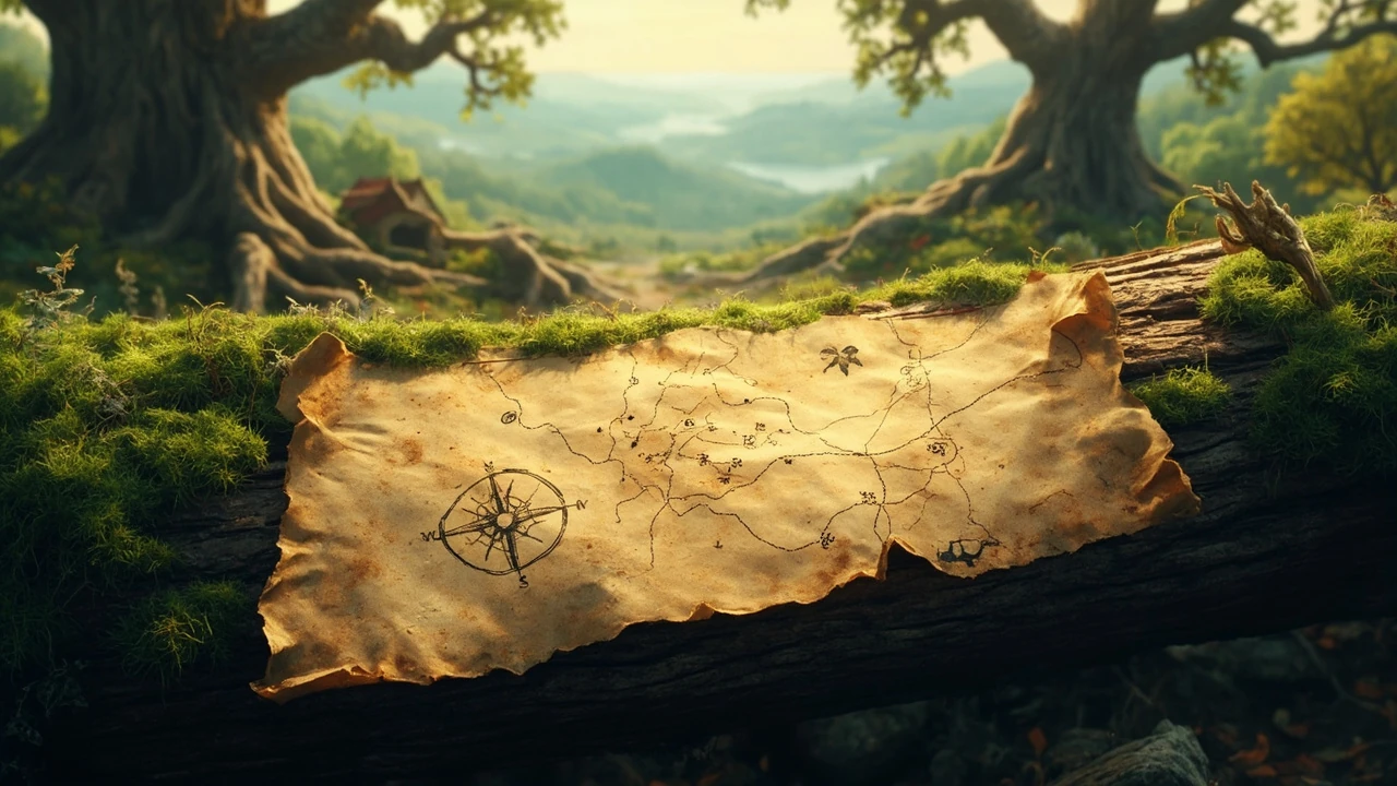 Rowland Oakes map scattered across a forest campsite with quest markers