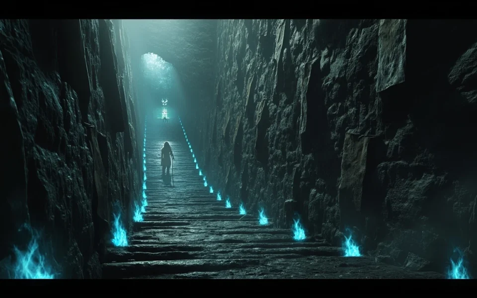 Stylized dungeon entrance to the Black Knife Catacombs level in a dark fantasy game