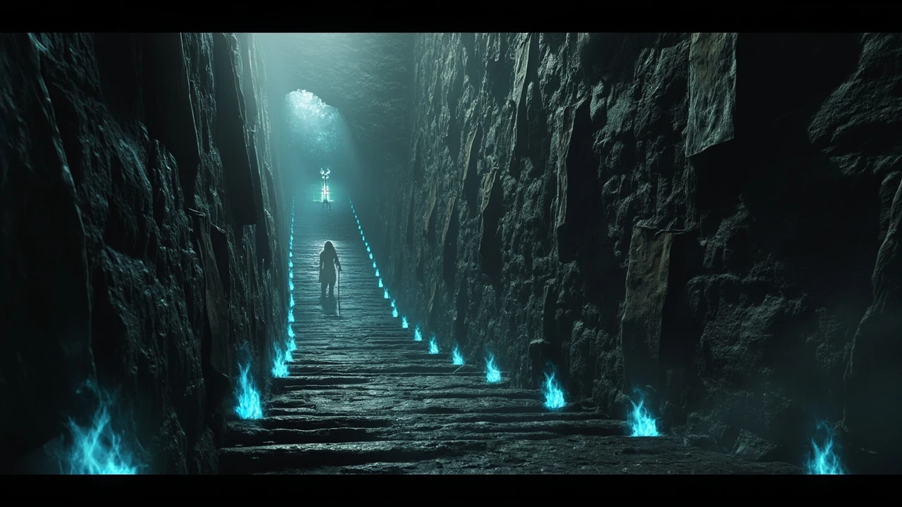 Stylized dungeon entrance to the Black Knife Catacombs level in a dark fantasy game